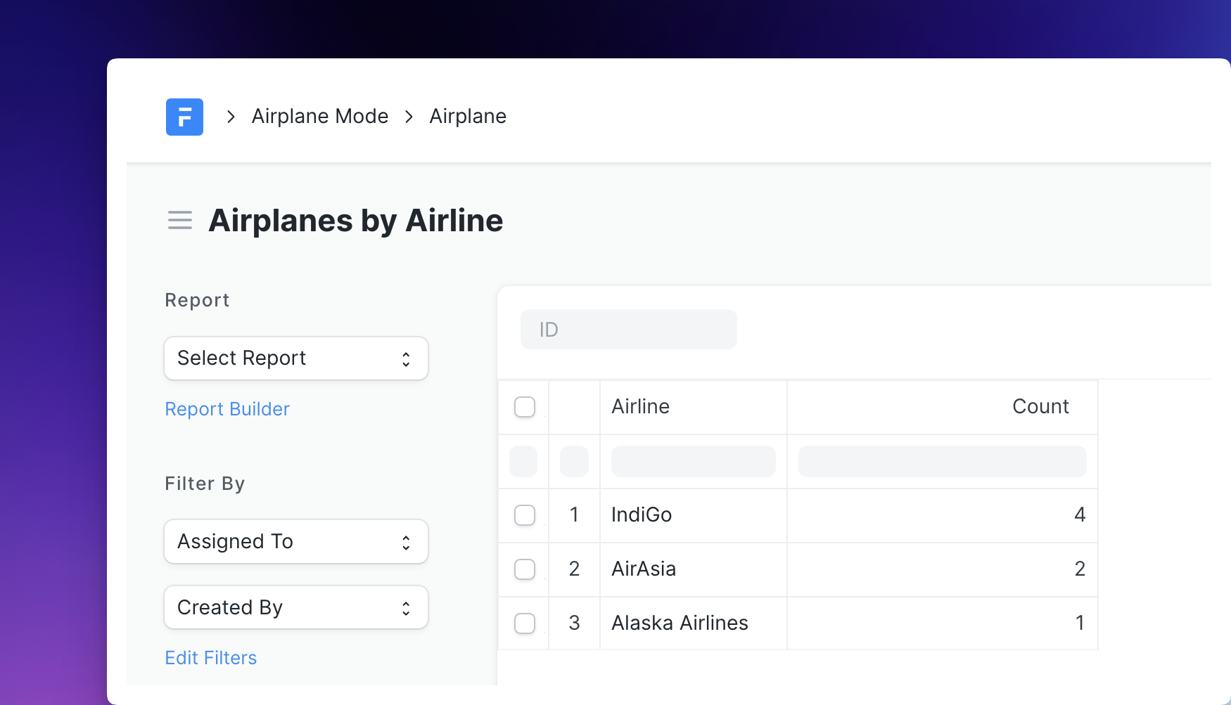 Screenshot showing Airplanes by Airline Report