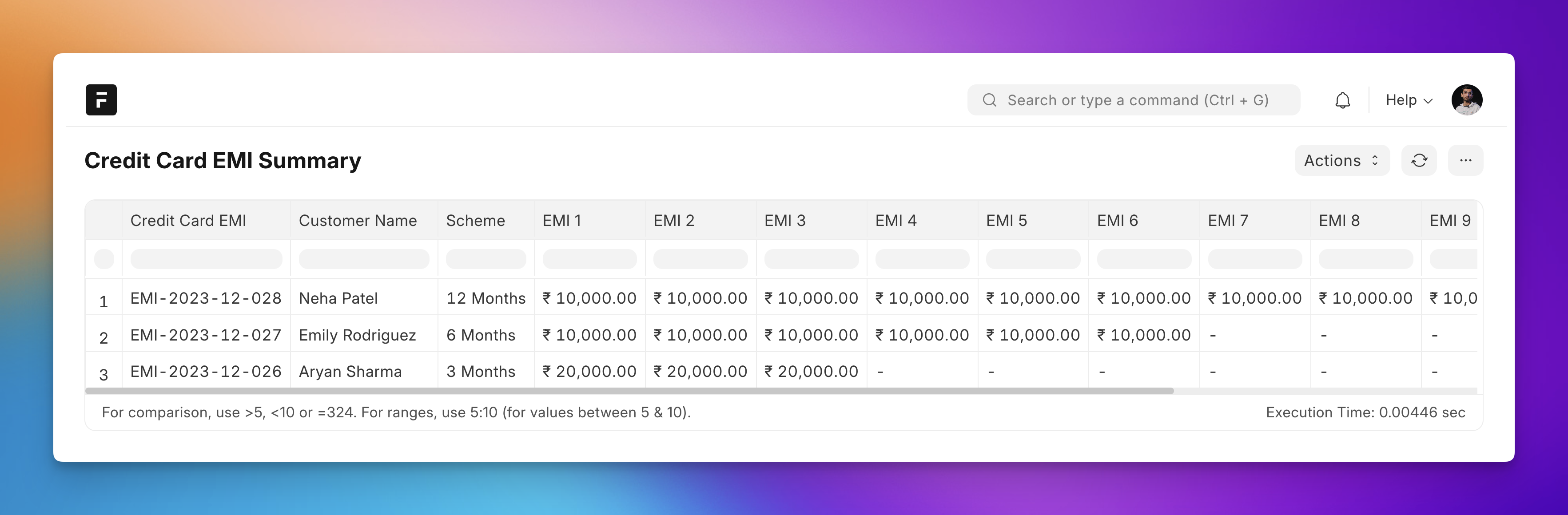 Credit Card EMI Summary Report