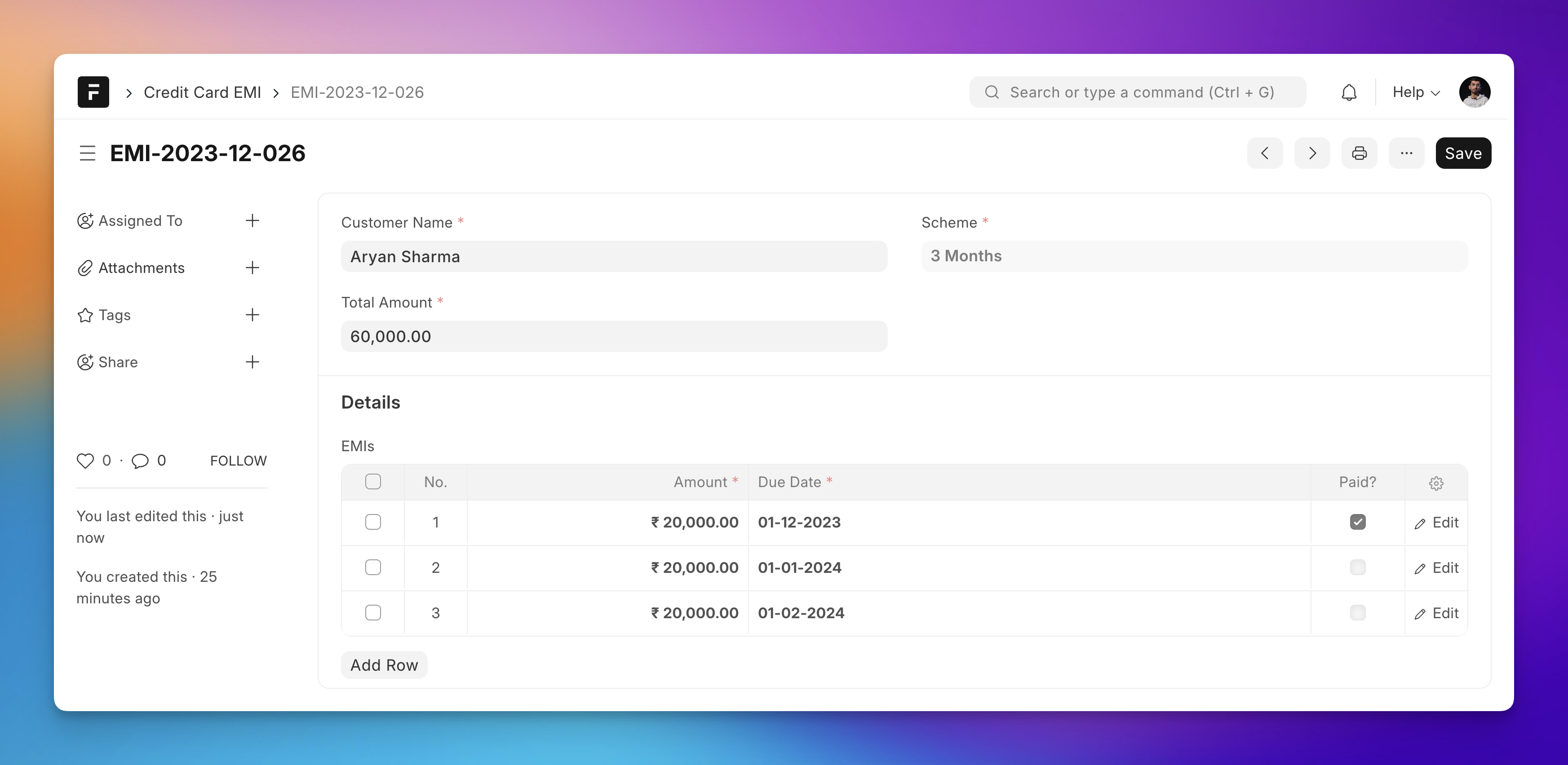 Screenshot of Credit Card EMI Doctype form view